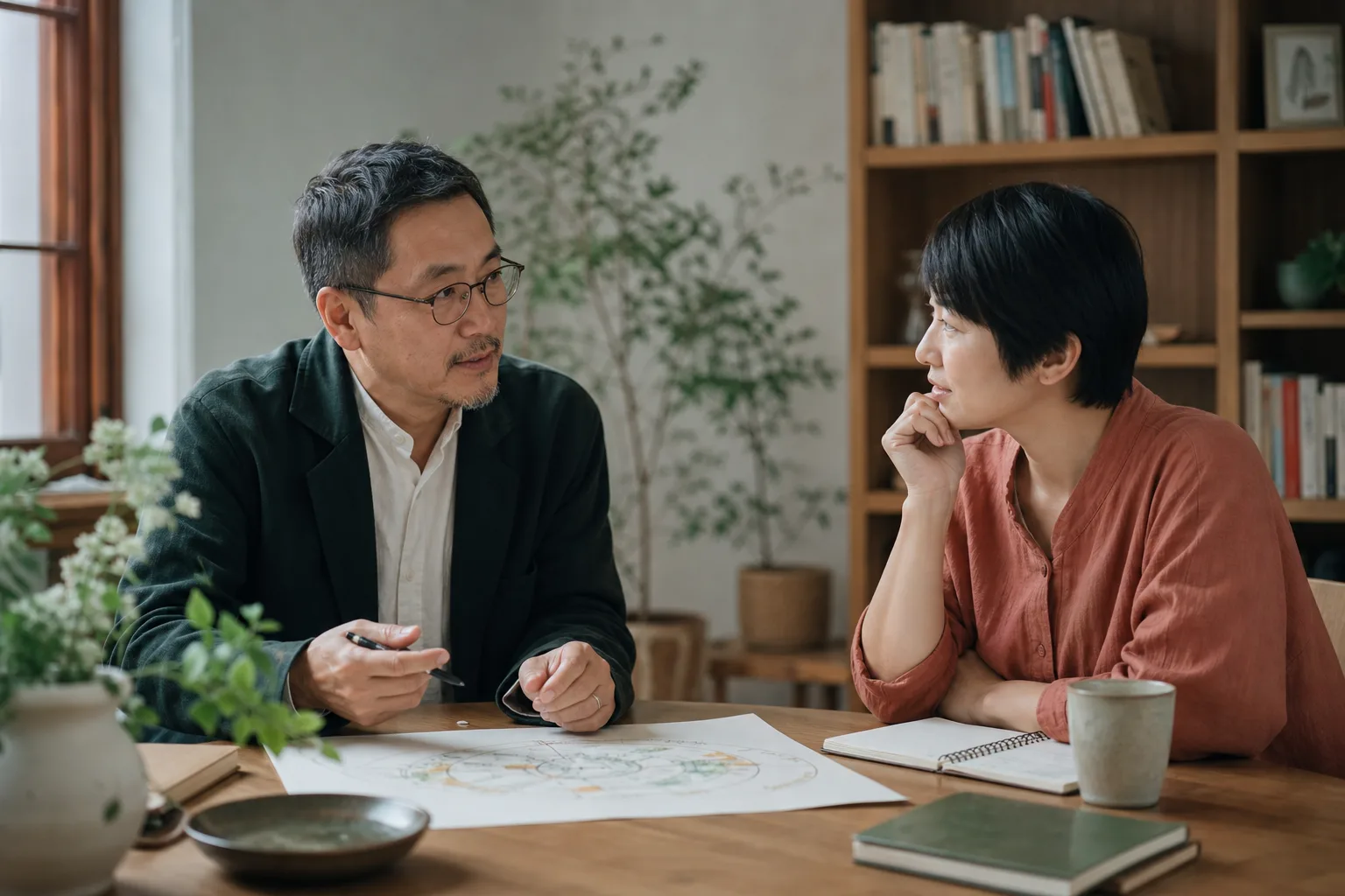 两位同行者在桌边回顾学习与实践