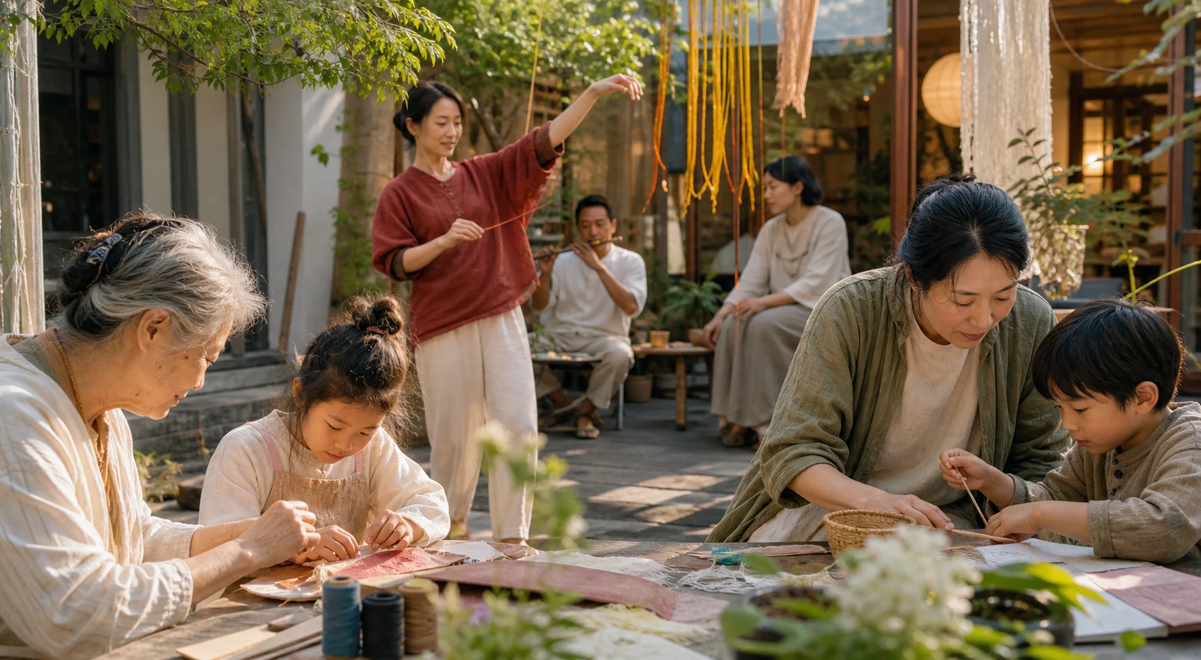 不同年龄的人们在社区庭院里共同创作与相遇