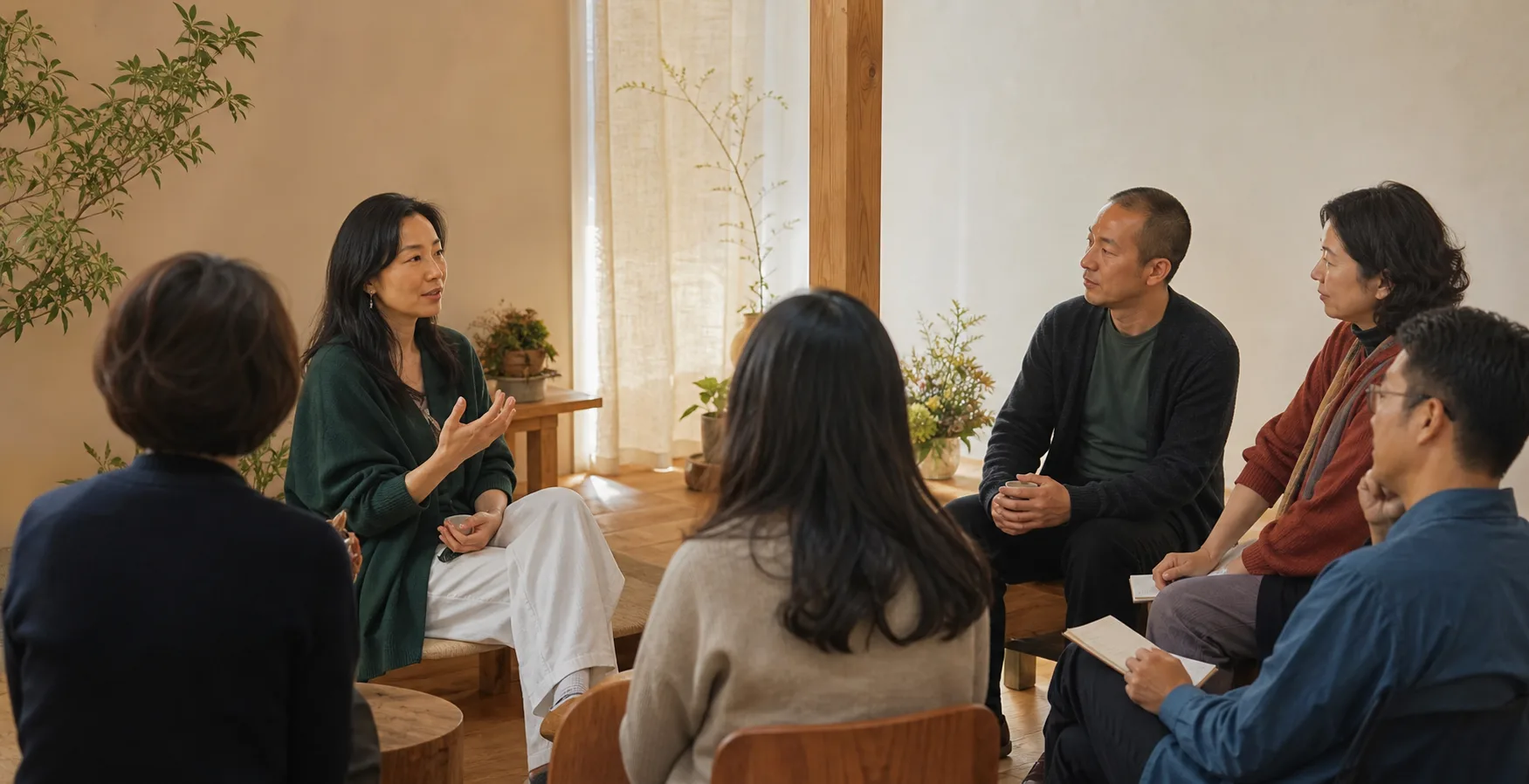 一群人在温暖空间中围坐分享