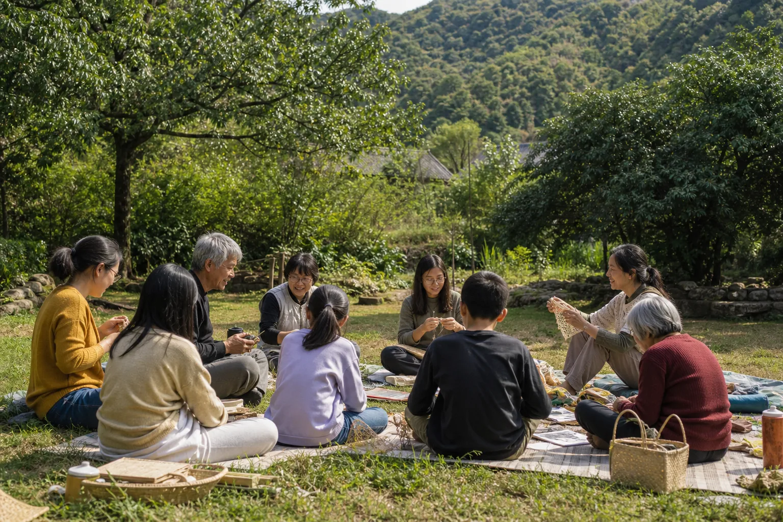 不同年龄的人们在自然环境中共同创作和交流