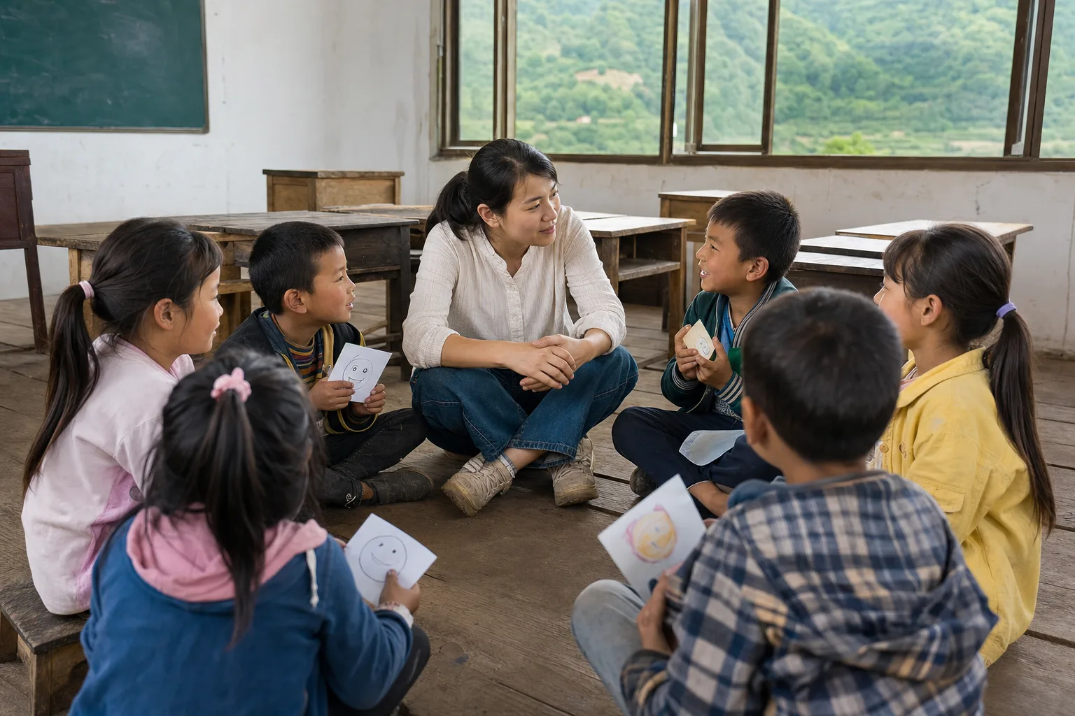 乡村课堂中老师与孩子们围坐交流